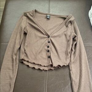 Brown Ribbed Button-Up Top